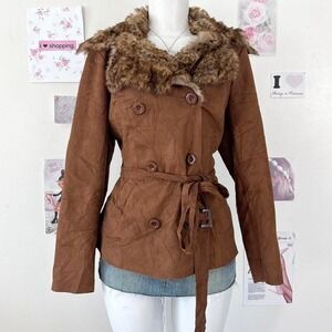 Chico's Y2K Brown Faux Suede Fur Trim Babydoll Coat Size 2 — Indie Sleaze